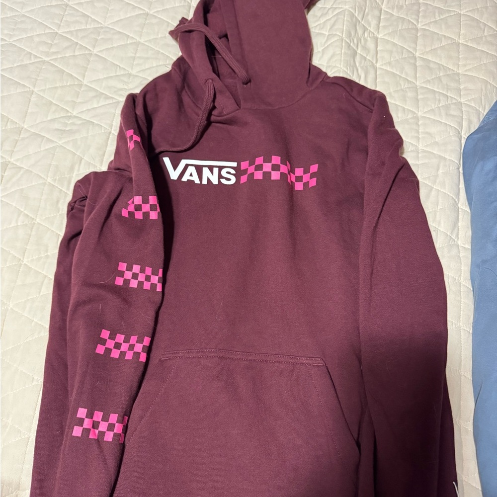 Vans Burgundy Hoodie with Pink Checkered Design - xs